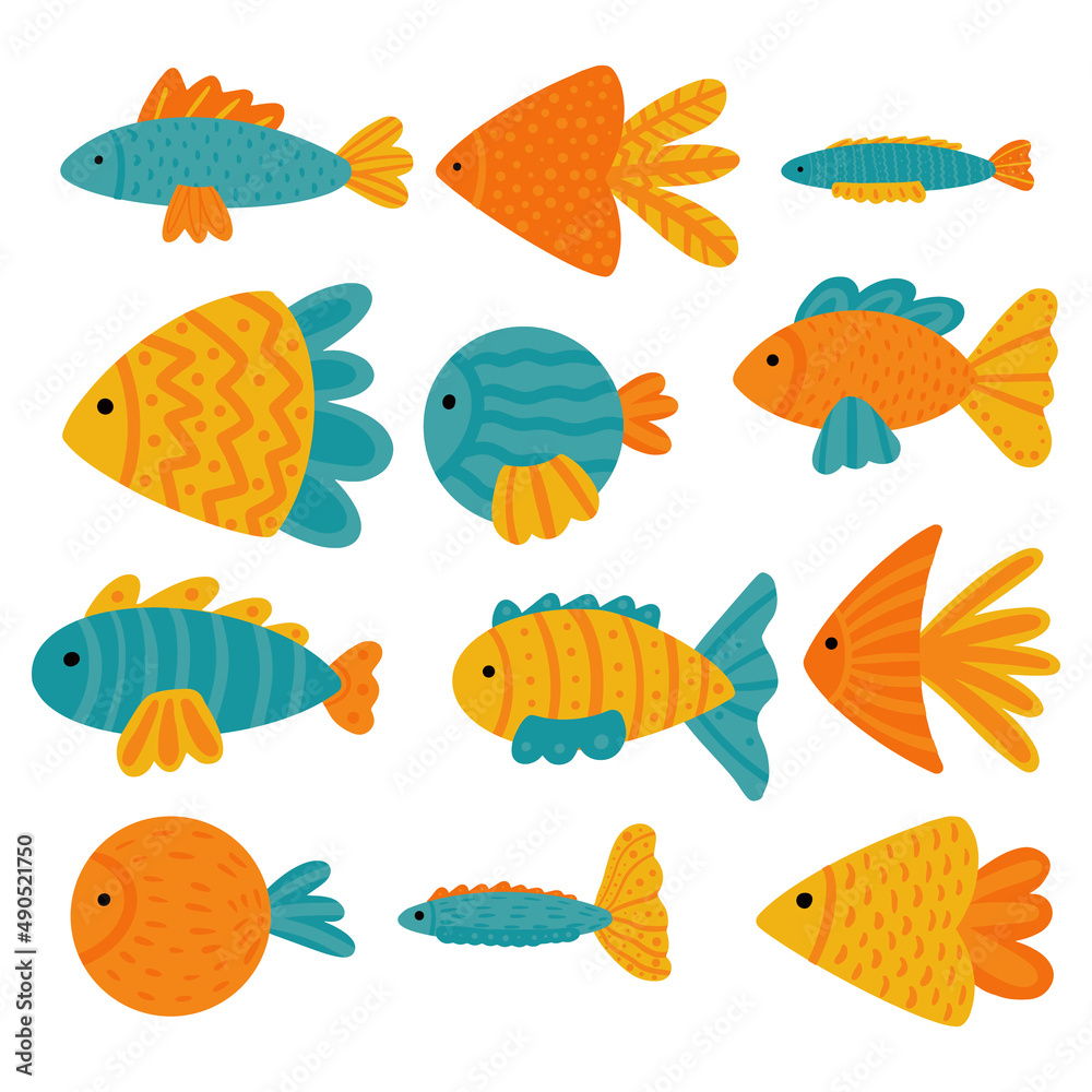 Abstract flat sea fish vector set of hand-drawn elements with different designs