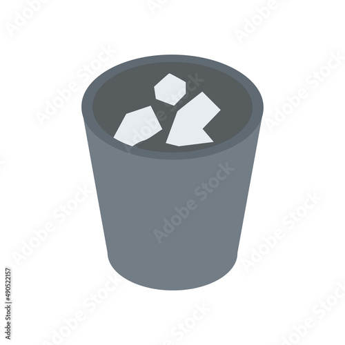 Classic gray metallic or plastic office wastebasket with crumpled paper documents sheets isometric vector illustration. Container for rubbish junk storage trash waste bin business garbage isolated