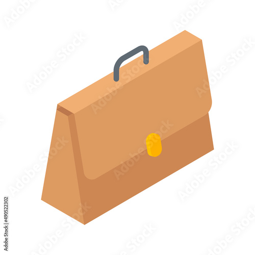 Brown business briefcase with handle for paper document storage carrying isometric vector illustration. Businessman manager leather briefcase luggage bag case suitcase portfolio or school accessory