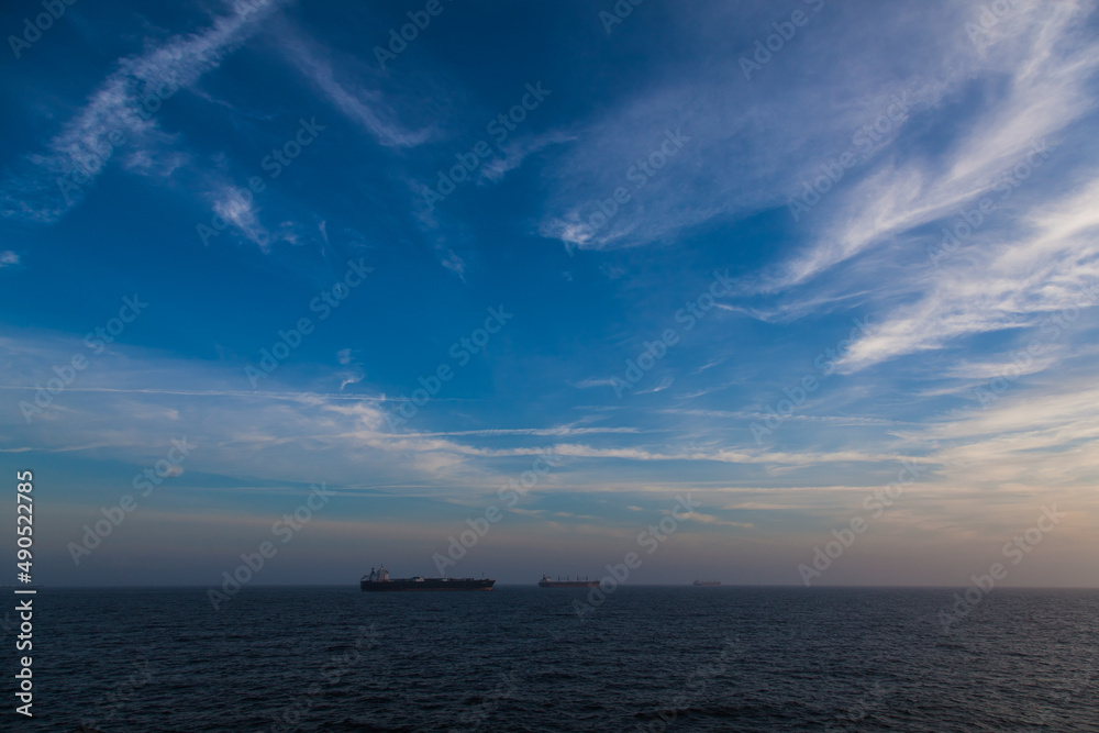 Three large merchant ships anchored at sea in the distance.