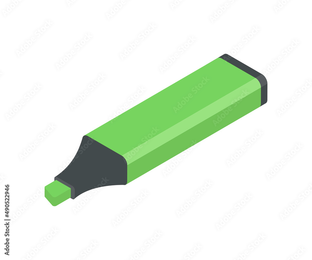 Green felt tip marker pen isometric vector illustration. Creative educational drawing instrument for highlighting isolated. Ink write bright colored permanent supply for art and business Green felt tip marker pen isometric vector illustration. Creative educational drawing instrument for highlighting isolated. Ink write bright colored permanent supply for art and business
