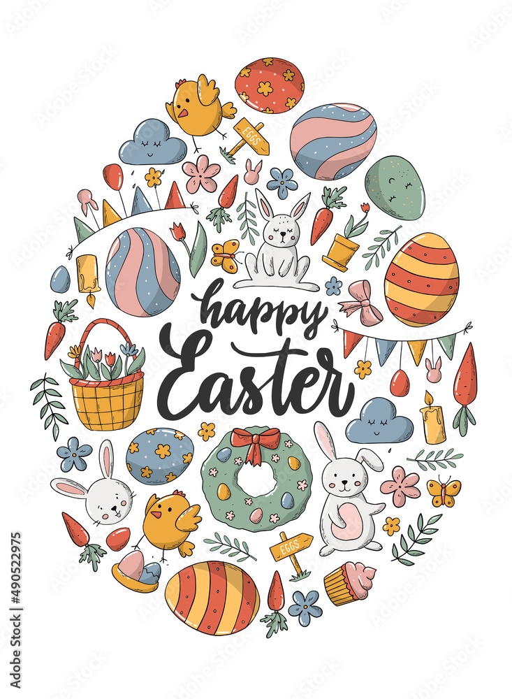 Happy Easter greeting card, poster, print, invitation decorated with doodles and cartoon elements on white background. EPS 10
