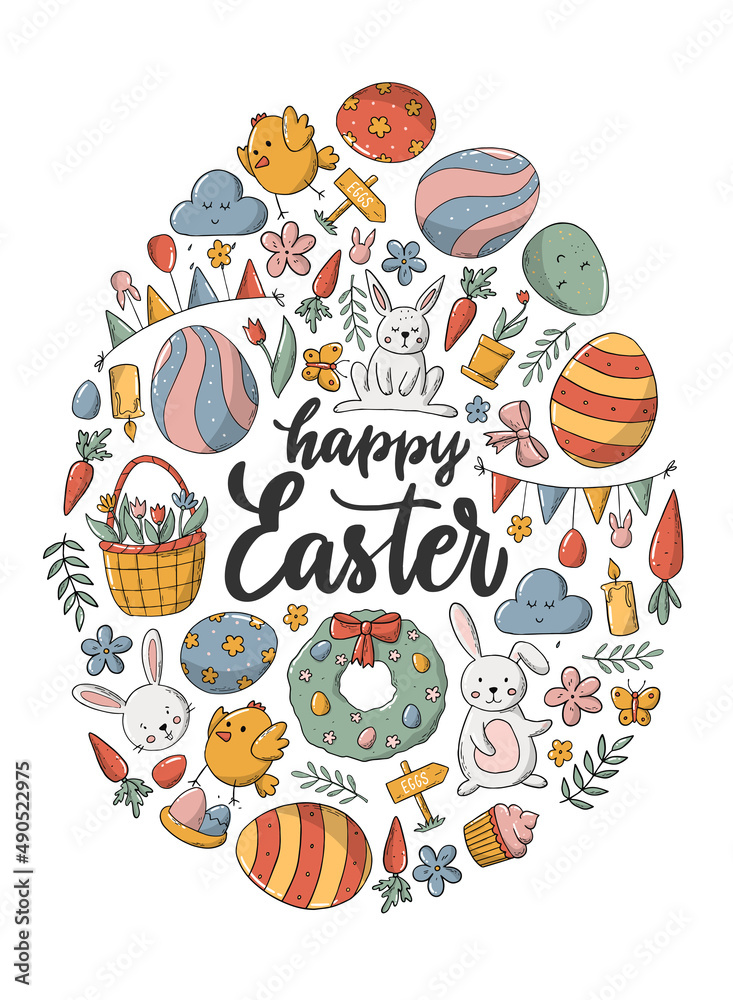 Fototapeta premium Happy Easter greeting card, poster, print, invitation decorated with doodles and cartoon elements on white background. EPS 10