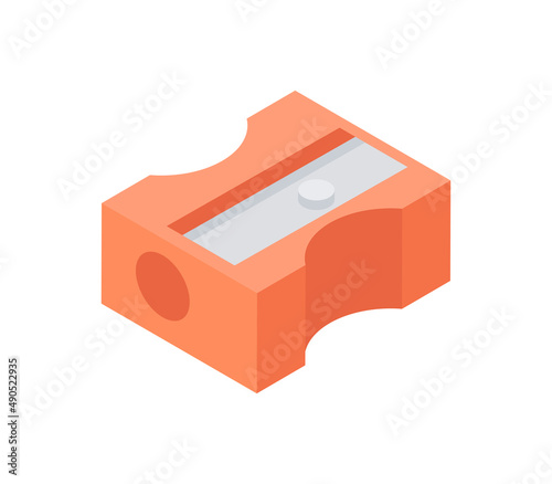 Red plastic sharpener for pencils with sharp blade isometric vector illustration. Stationery supply equipment for drawing paper drafting isolated. Cutter for wooden school office accessory