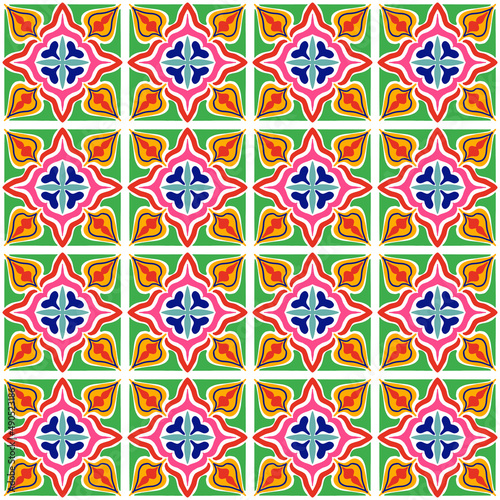 Portuguese  azulejo ceramic tiles design. Hand-drawn vector seamless mosaic mandala pattern
