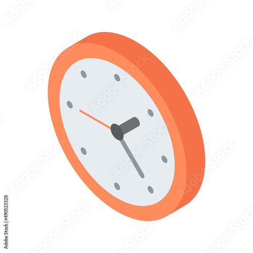 Red circle wall watch with arrows isometric vector illustration. Rounded clock for time checking hanging indoor at home office isolated. Minutes, hours and seconds accuracy measure
