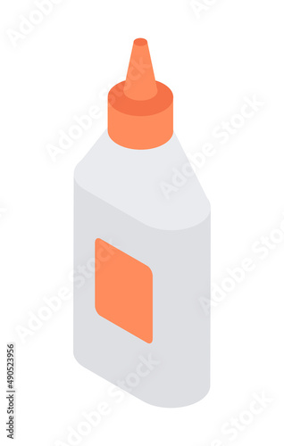 Transparent plastic adhesive package with red cover and cone lid for stationary paperwork isometric vector illustration. Modern glue pack attached paper documents blank sheet education business tool