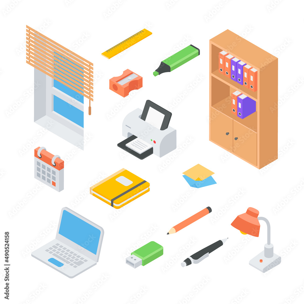 Set of items modern office workplace space organization with furniture, electronic devices and stationery isometric vector illustration. Collection workspace cupboard, laptop, calendar, window