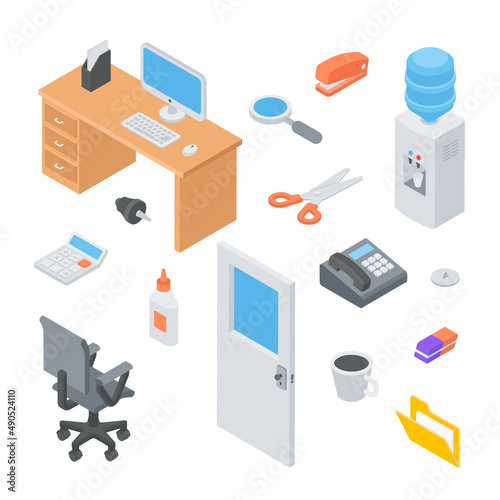 Collection isometric office elements furniture, electronic, stationery vector illustration. Modern comfortable items for workplace room interior design organization isolated. Contemporary occupation