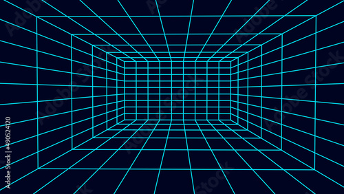 Perspective blue grid on a dark background. Futuristic vector illustration. Virtual reality framework. Background in the style of the 80s.