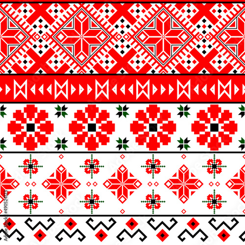 National folklore bulgarian balkan embroidery style red, green and black ornamental seamless vector pattern