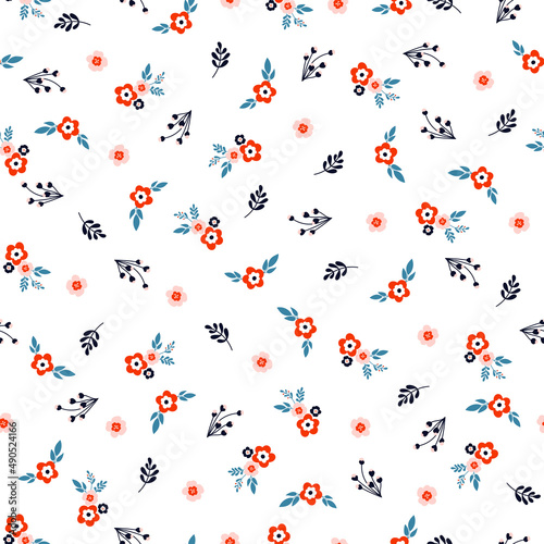 White seamless pattern with colorful flower and plants.