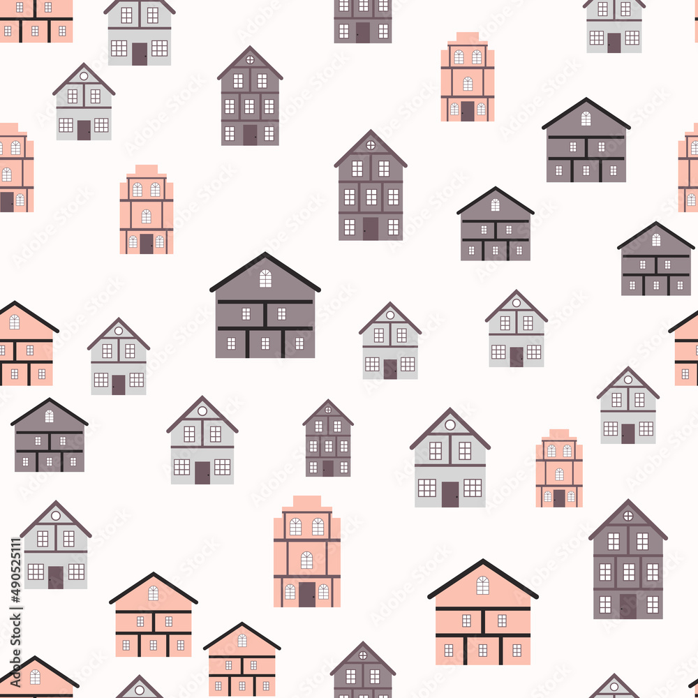 Little Town Seamless Pattern Background. Illustration