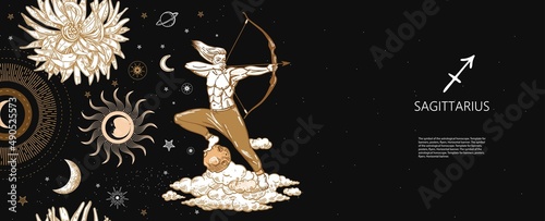 Sagittarius zodiac sign. The man shoots a bow. Astrology. Graphics.