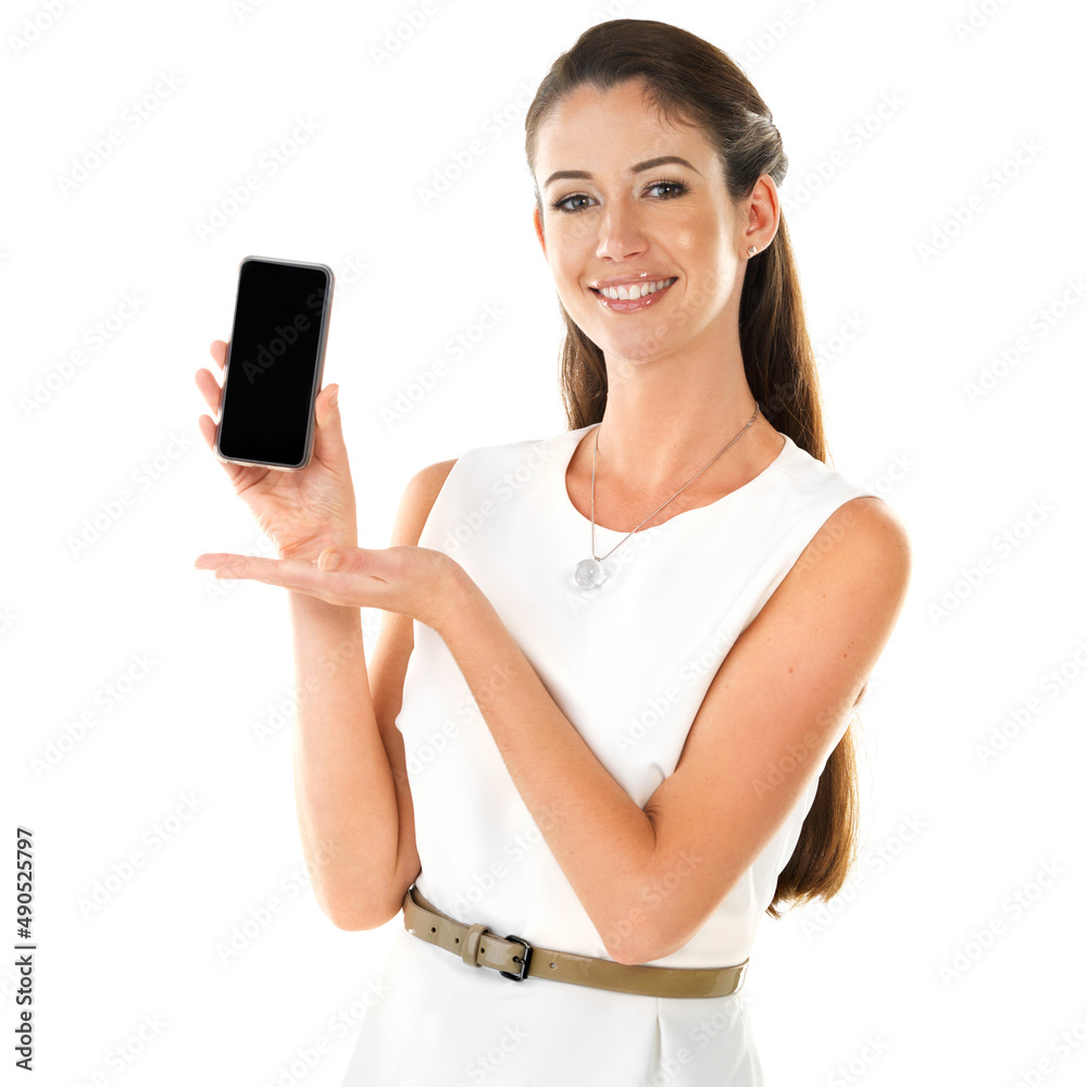 I just found the best gadget one can have. Shot of a young woman showing you a smartphone while posing against a white background.