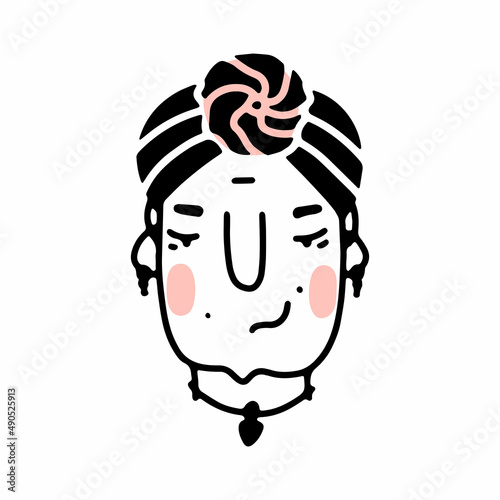 Doodle elderly woman face. Hand-drawn outline human isolated on white background. Funny grandma in a turban. Cartoon grandmother. Female portrait. A hairstyle, positive emotions. Vector illustration