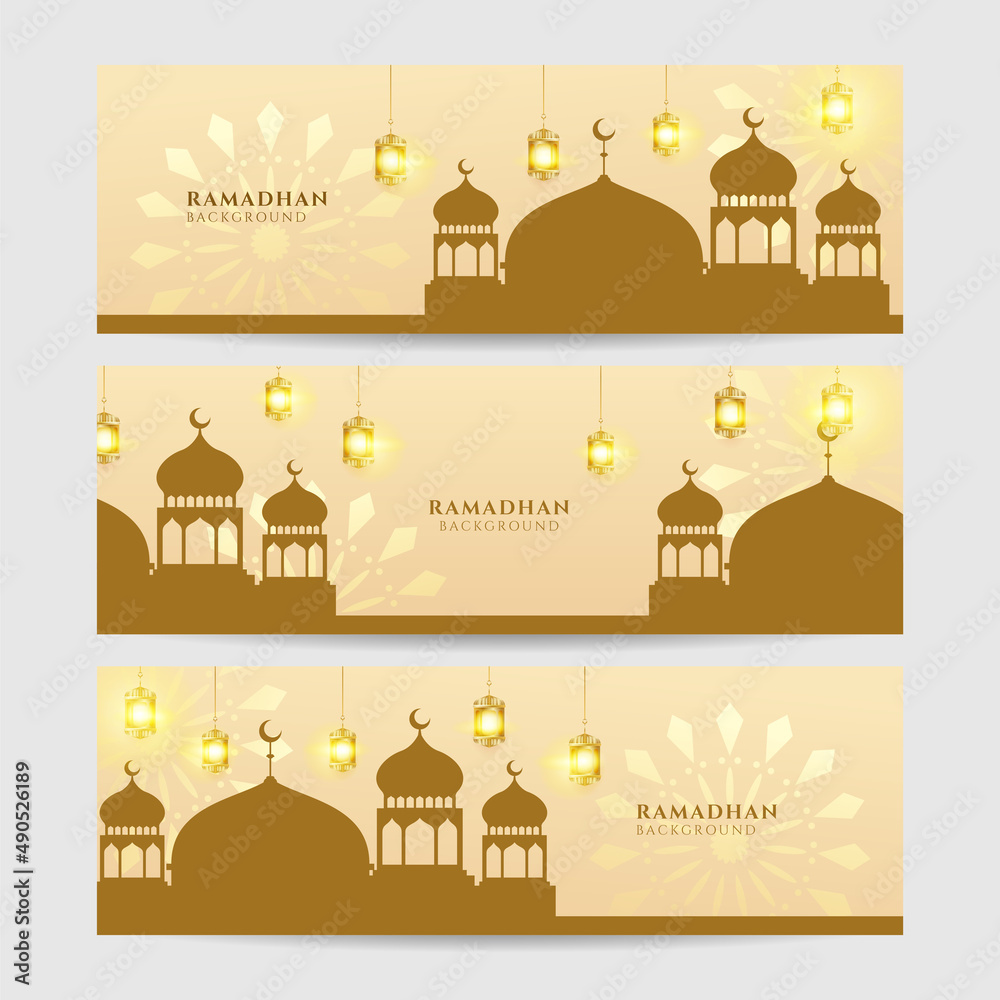 Set of Ramadhan yellow gold colorful wide banner design background. Islamic ramadan kareem banner background with crescent pattern moon star mosque lantern. Vector illustration