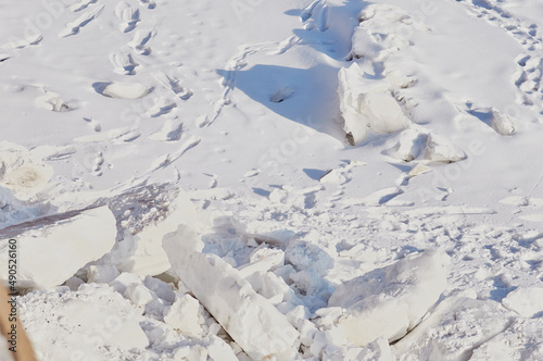 Snow and ice in winter. Natural texture. Light and shadows on a sunny day on the river. Winding dog tracks. Traces of people and animals in the snow.