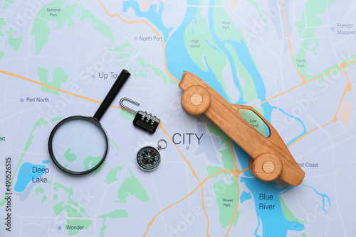 Travel items and wooden car...