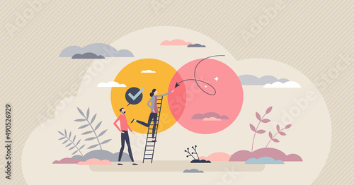 Common ground and opinion match after partner communication tiny person concept. Discussion and cooperation with successful solution vector illustration. Link different thoughts and merge compromise.