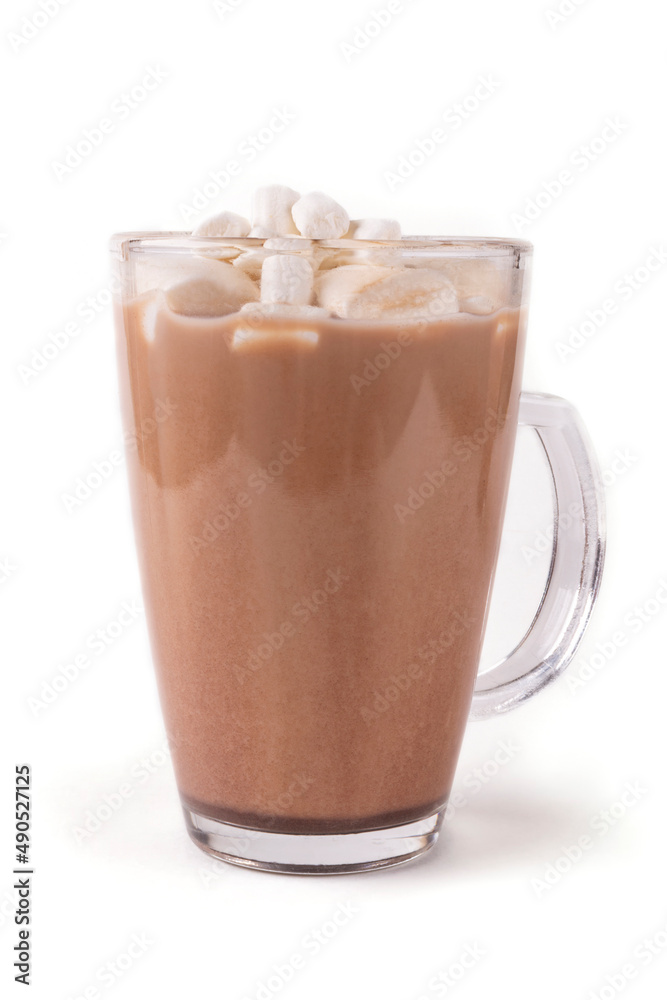 Glass transparent mug with hot cocoa and marshmallow drink on a white insulated background. Glass transparent mug with hot cocoa and marshmallow drink on a white insulated background.
