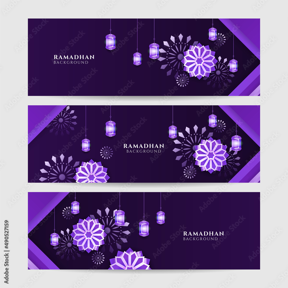 Islamic ramadan kareem banner background with crescent pattern moon star mosque lantern. Vector illustration. Ramadhan colorful wide banner design background