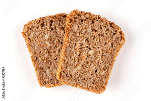 Two pieces (slices) of square healthy bread made of wheat and rye whole-grain flour with the addition of sprouted grain on a white isolated background. Sourdough bread.