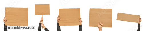 Posters of cardboard in his hands. Isolated on white. Set. Copy space. photo