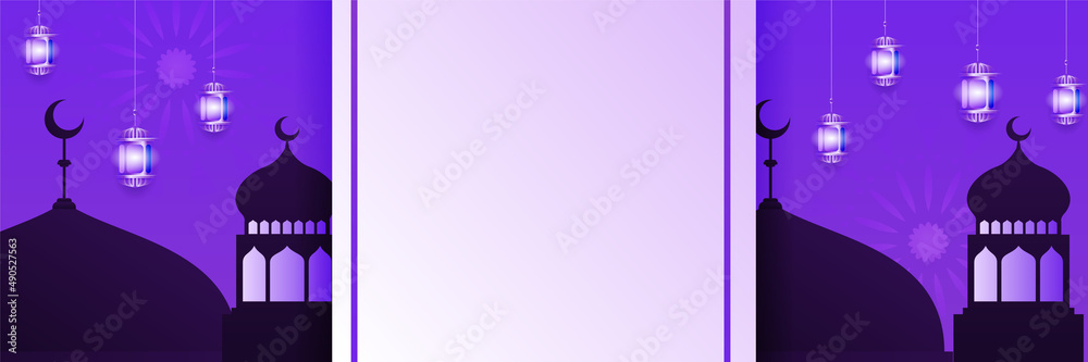 Islamic ramadan kareem banner background with crescent pattern moon star mosque lantern. Vector illustration. Ramadhan colorful wide banner design background Islamic ramadan kareem banner background with crescent pattern moon star mosque lantern. Vector illustration. Ramadhan colorful wide banner design background