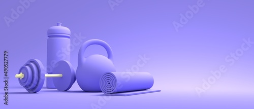Gym training and home exercising and fitness equipment. Dumbbells, bob, yoga mat and bottle. Tools for healthy lifestyle and wellbeing. 3D render