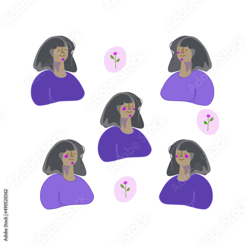 Rosacea on Cheeks and Chin of Happy Woman. Floral and Pink Square Patterns. Roses, Rose Bouquet and Frame. Green and Purple Bubbles. Paintings of Roses and Happy Woman with Rosacea on Face. Vector