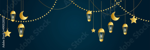 Islamic ramadan kareem banner background with crescent pattern moon star mosque lantern. Vector illustration. Ramadhan lantern dark blue gold colorful wide banner design background