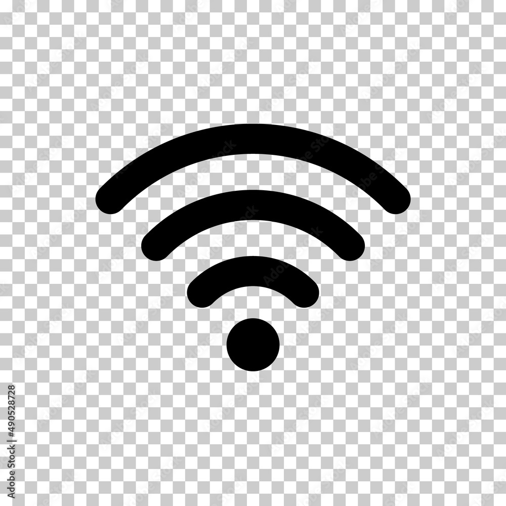 Vetor de Wi-Fi icon. Black signal WiFi isolated on transparent background.  Mobile internet symbol. Logo wireless network. Sign free access. Broadcast  connection concept. Zone computer connect. Vector do Stock