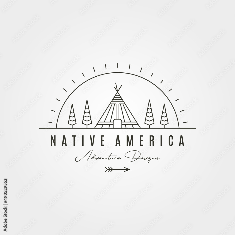 native american teepee tent logo vector line art with sunburst symbol design