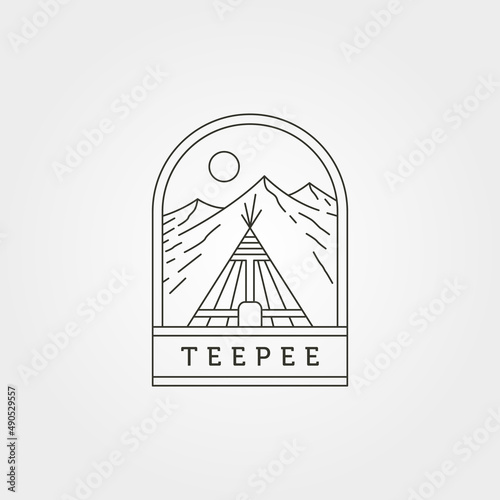 teepee logo vector symbol with mountain background illustration design, line art style