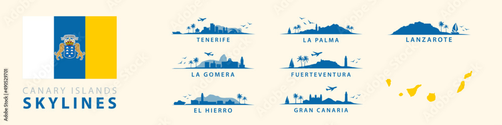 Canary Islands Skylines, Silhouettes of Tenerife, La Palma, Gran Canaria,  Fuerteventura, Lanzarote, El Hierro. Spanish Tropical Travel Destinations.  Collection of Exotic Landscapes. vector de Stock | Adobe Stock