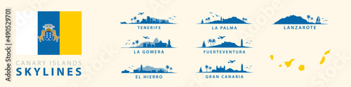 Canary Islands Skylines, Silhouettes of Tenerife, La Palma, Gran Canaria, Fuerteventura, Lanzarote, El Hierro. Spanish Tropical Travel Destinations. Collection of Exotic Landscapes. 