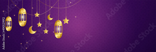 Ramadhan lantern purple gold colorful wide banner design background