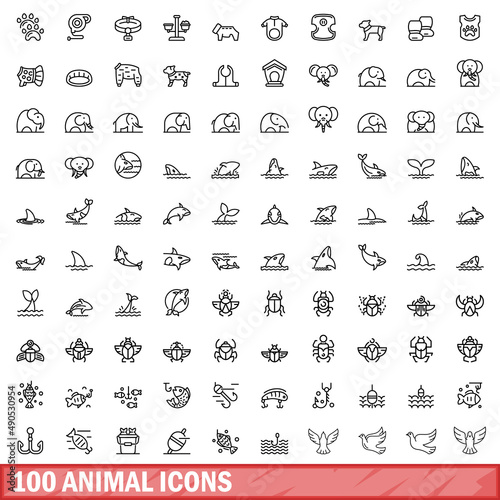 100 animal icons set. Outline illustration of 100 animal icons vector set isolated on white background