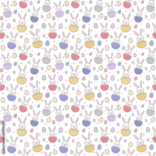 Easter background with bunnies and decorative eggs. Seamless pattern. Vector