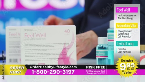 TV Show Product Infomercial: Mock-up Package Box with Health Care Medical Supplements. Showcasing Beauty Dietary Vitamin Products. Playback Television Commercial Advertisement. Dolly Pack Focus photo