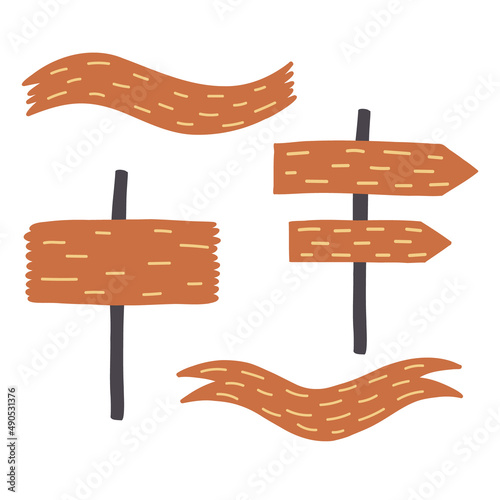 Set Wooden brown signage Doodle illustration Hand drawn nursery baby scandinavian style, kids clipart naive art