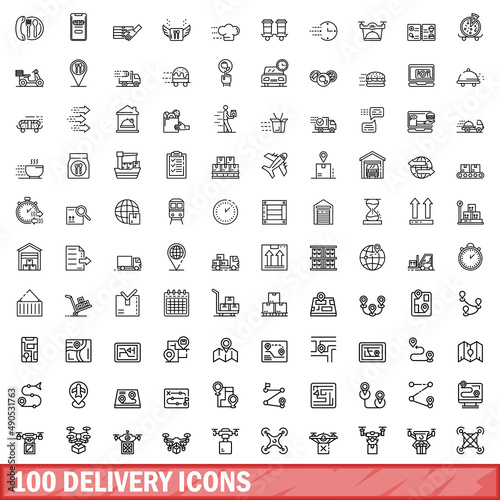 100 delivery icons set. Outline illustration of 100 delivery icons vector set isolated on white background
