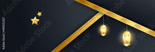 Premium Ramadhan black and gold colorful wide banner design background. Islamic ramadan kareem banner background with crescent pattern moon star mosque lantern. Vector illustration.