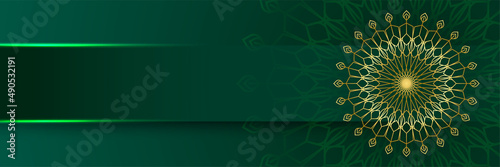 Mandala pattern green colorful wide banner design background. Islamic ramadan kareem banner background with crescent pattern moon star mosque lantern. Vector illustration.