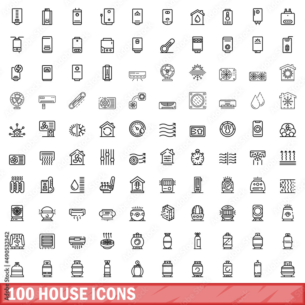 Fototapeta premium 100 house icons set. Outline illustration of 100 house icons vector set isolated on white background