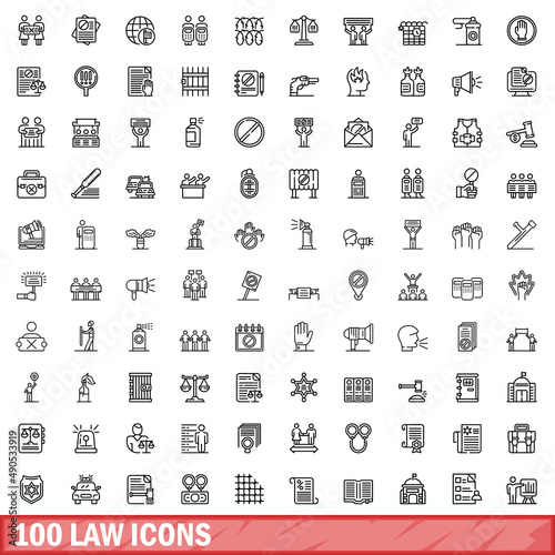100 law icons set. Outline illustration of 100 law icons vector set isolated on white background