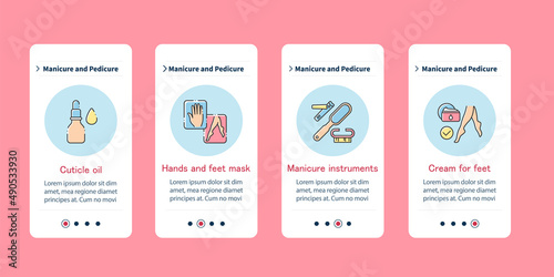  Cosmetology onboarding mobile app. Cuticle oil, hands and feet mask, instruments, cream. Manicure and pedicure steps menu. Set of UI, UX, web template with RGB color linear icons