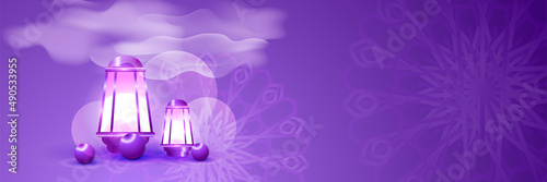 Modern purple lantern colorful ramadhan banner design background