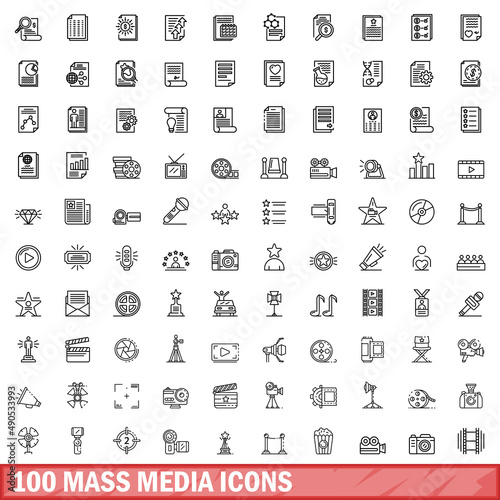 100 mass media icons set. Outline illustration of 100 mass media icons vector set isolated on white background